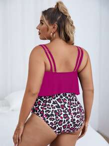 SHEIN Swim Curve Summer Beach Plus Leopard Print Tankini Set Double Adjustable Strap Flowy Top & High Waisted Bottom 2 Piece Bathing Suit - Red Violet - View 2