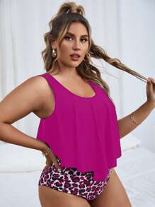 SHEIN Swim Curve Summer Beach Plus Leopard Print Tankini Set Double Adjustable Strap Flowy Top & High Waisted Bottom 2 Piece Bathing Suit - Red Violet - View 3