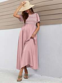 SHEIN Maternity Keyhole Back Wavy Sleeve Edge Dress, Dress - Dusty Pink - View 4