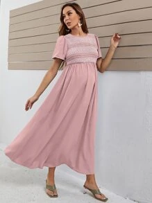 SHEIN Maternity Keyhole Back Wavy Sleeve Edge Dress, Dress - Dusty Pink - View 5