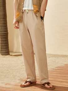 GENTILAND Men Drawstring Waist Slant Pocket Trousers - Apricot - View 1