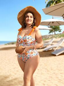 Plus Floral Knot Shoulder One Piece Swimsuit, For Summer Beach Vacation - Multicolor - View 4
