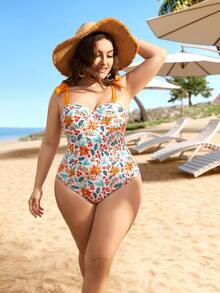 Plus Floral Knot Shoulder One Piece Swimsuit, For Summer Beach Vacation - Multicolor - View 6