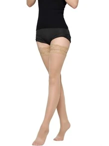 Lace Trim Over The Knee Socks - Beige - View 2