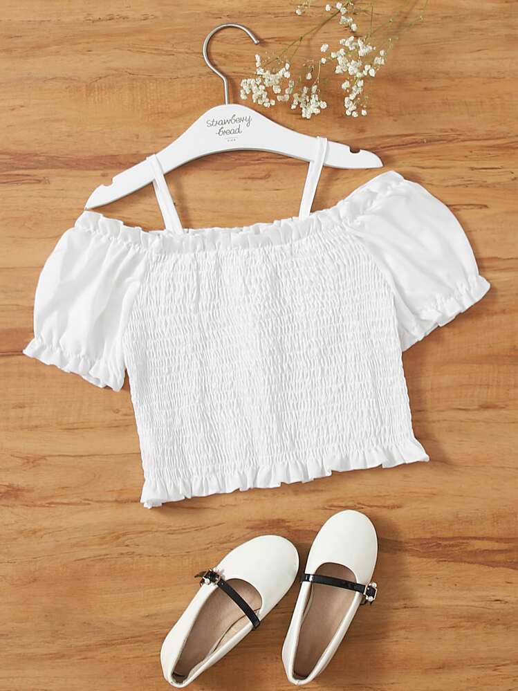 Niñas Blusa con fruncido ribete de hombros descubiertos - Blanco - Añade 1