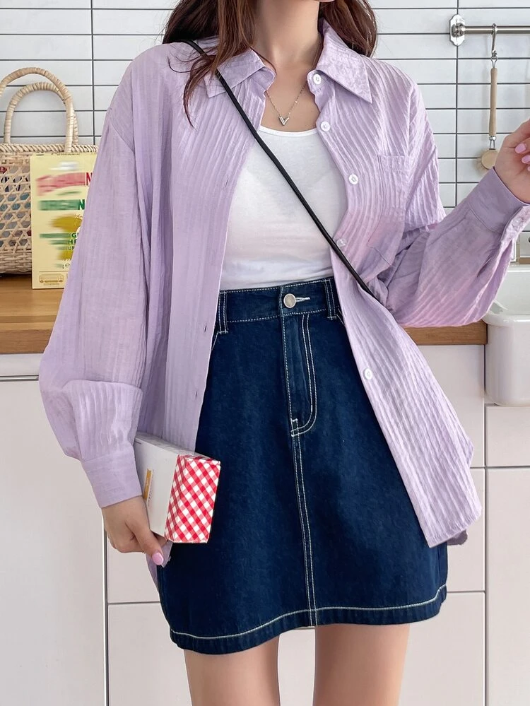 Solid Pocket Front Drop Shoulder Blouse