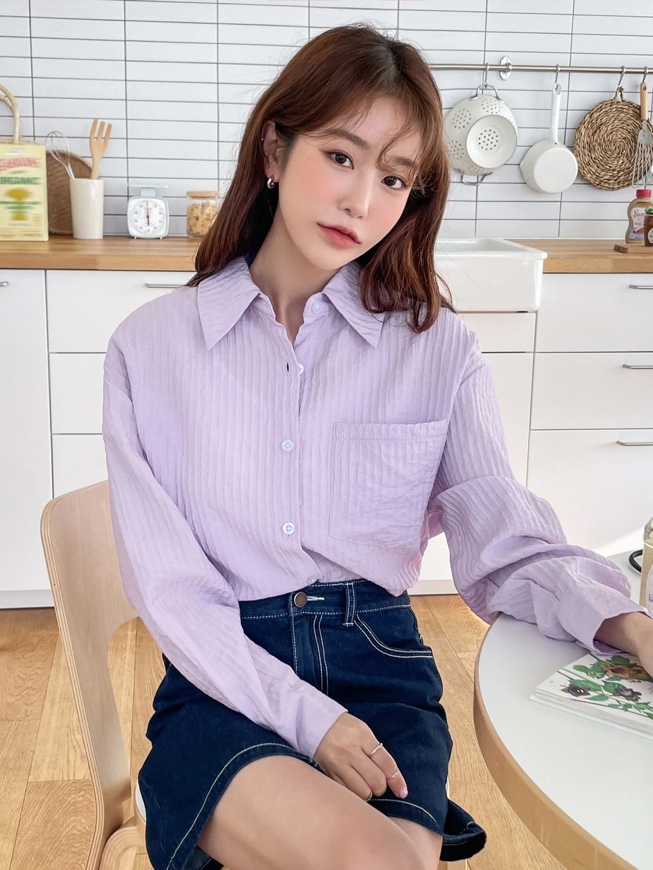 Solid Pocket Front Drop Shoulder Blouse