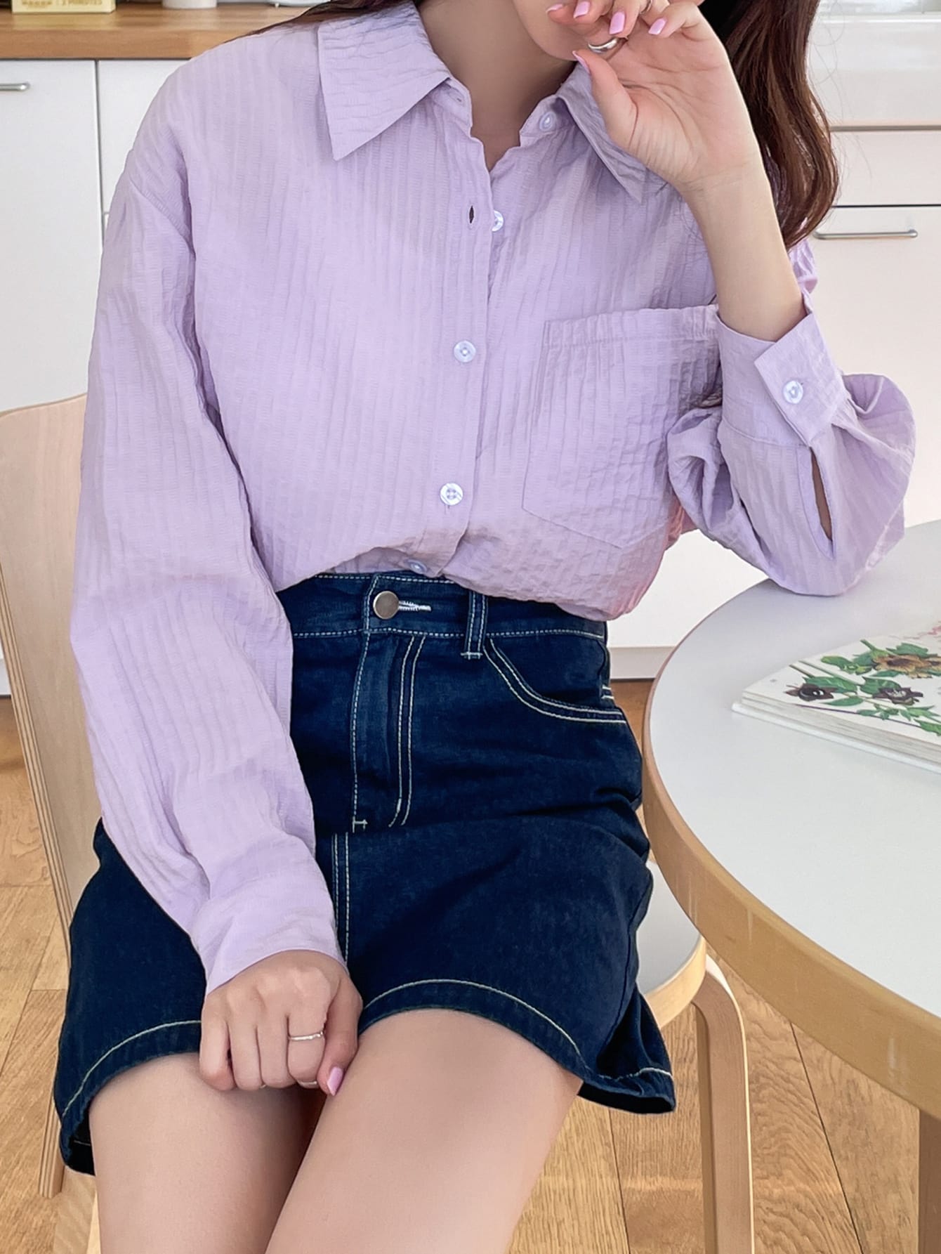 Solid Pocket Front Drop Shoulder Blouse