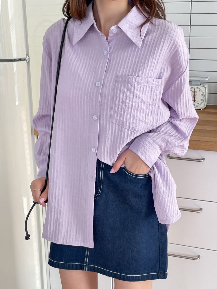 Solid Pocket Front Drop Shoulder Blouse