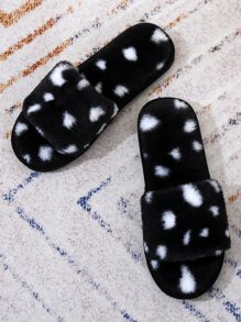 Dalmatian Print Fluffy Bedroom Slippers - Black and White - View 5