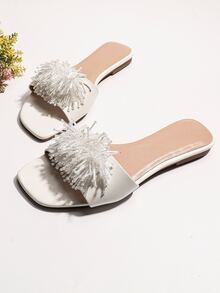 串珠花朵裝飾涼鞋 - 白色 - 查看 2