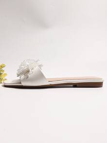 串珠花朵裝飾涼鞋 - 白色 - 查看 4