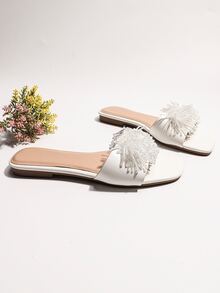 串珠花朵裝飾涼鞋 - 白色 - 查看 5