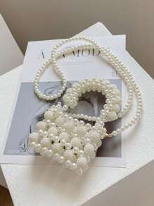 Girls Faux Pearl Beaded Square Bag - White - View 1