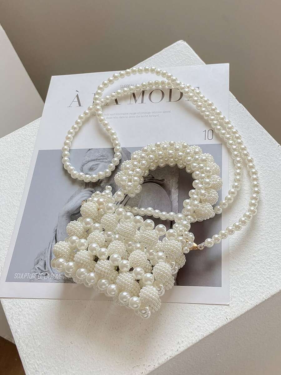 Girls Faux Pearl Beaded Square Bag - White - View 1