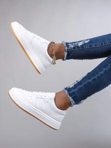 穿孔細節前綁帶板鞋,白色學院風素色女士休閒運動鞋 - 白色 - 查看 2