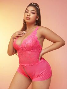 Plus Contrast Lace Mesh Crotchless Teddy Bodysuit - Pink - View 4