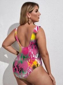 Plus Snakeskin Print Lace-Up One Piece Swimsuit, For Summer Beach Vacation - Multicolor - View 2