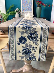 Floral Embroidered Table Runner - Blue - View 1