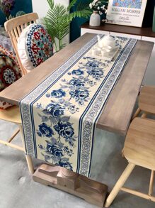 Floral Embroidered Table Runner - Blue - View 3