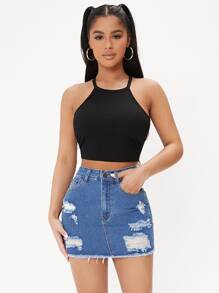 SHEIN PETITE Ripped Raw Hem Denim Skirt - Medium Wash - View 1