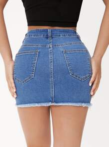 SHEIN PETITE Ripped Raw Hem Denim Skirt - Medium Wash - View 2