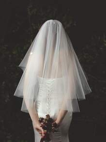 Solid Color Bridal Veil With Frayed Edge - Beige - View 2