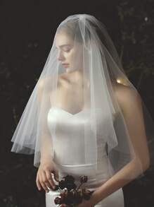 Solid Color Bridal Veil With Frayed Edge - Beige - View 3