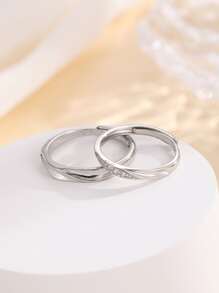 2pcs Cubic Zirconia Decor Couple Ring - Silver - View 3