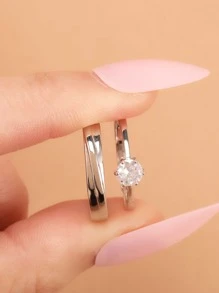 2 piezas Anillo pareja zirconia cúbica - Plateado - Ver 2