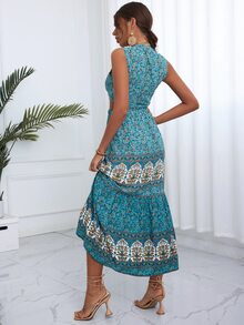 Bộ đồ hai mảnh nữ Viên lá sen Thắt nơ trước Hoa Tất cả trên in Boho - Màu xanh lam - Xem 2