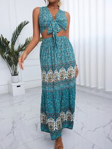 Bộ đồ hai mảnh nữ Viên lá sen Thắt nơ trước Hoa Tất cả trên in Boho - Màu xanh lam - Xem 5