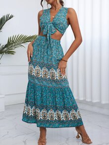 Bộ đồ hai mảnh nữ Viên lá sen Thắt nơ trước Hoa Tất cả trên in Boho - Màu xanh lam - Xem 7