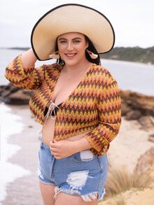 SHEIN VCAY 大碼鋸齒形印花前繫帶上衣 - 彩色 - 查看 2