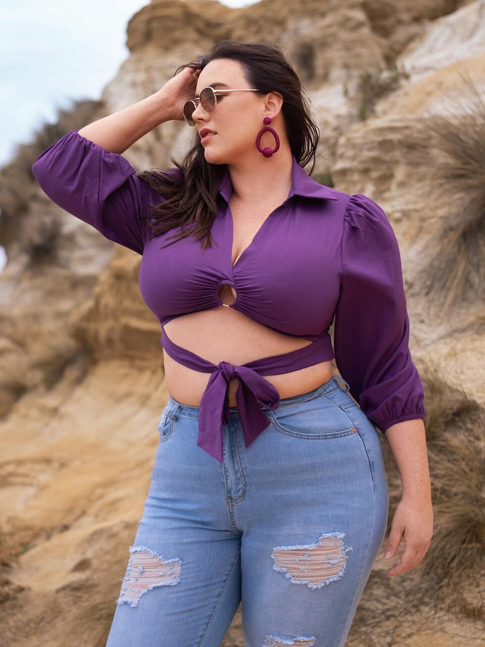 Plus Collared Lantern Sleeve O-ring Detail Tie Front Blouse