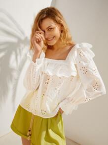 荷葉袖荷葉邊網眼刺繡上衣