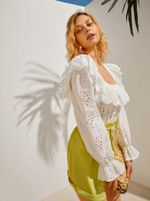 荷葉袖荷葉邊網眼刺繡上衣