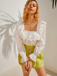 荷葉袖荷葉邊網眼刺繡上衣