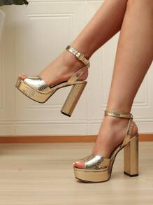 Women Gold Color Snakeskin Pattern Chunky Heeled Sandals, Fashionable Open Toe Ankle Strap,Platform Heels For Women - Gold - View 2
