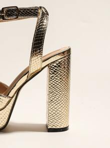 Women Gold Color Snakeskin Pattern Chunky Heeled Sandals, Fashionable Open Toe Ankle Strap,Platform Heels For Women - Gold - View 4