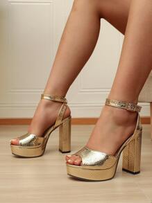 Women Gold Color Snakeskin Pattern Chunky Heeled Sandals, Fashionable Open Toe Ankle Strap,Platform Heels For Women - Gold - View 7