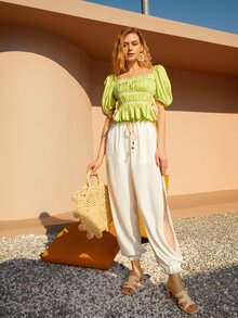 Top de manga farol pecho con fruncido bajo con fruncido - Verde Lima - Ver 5