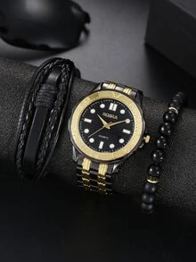 1pc Men Round Pointer Quartz Watch & 2pcs Bracelet - Multicolor - View 1