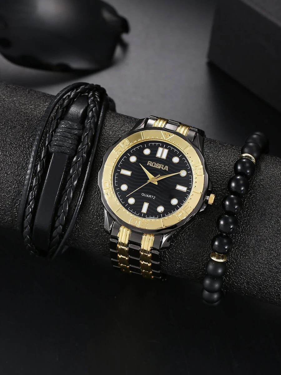 1pc Men Round Pointer Quartz Watch & 2pcs Bracelet - Multicolor - View 1