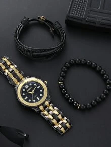 1pc Men Round Pointer Quartz Watch & 2pcs Bracelet - Multicolor - View 3