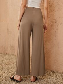 SHEIN Essnce Wide Leg Solid Pants - Camel - View 2