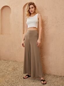 SHEIN Essnce Wide Leg Solid Pants - Camel - View 3