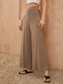 SHEIN Essnce Wide Leg Solid Pants - Camel - View 5