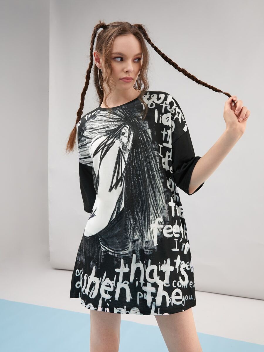 Claire Chen Áo thun nữ Con số Lá thư Giải trí - Đen và trắng - Xem 1