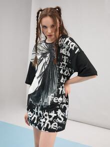 Claire Chen Áo thun nữ Con số Lá thư Giải trí - Đen và trắng - Xem 3